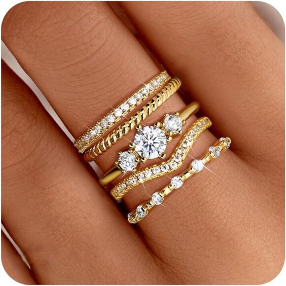 Jewelry - Stackable Gold Rings Brass 14K Plated Cubic Zirconia Dainty Trendy for Women